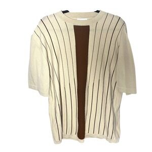 Smash Mens Large Tan Brown Retro Stripe Short Sleeve Knit Sweater Crew Neck 70s